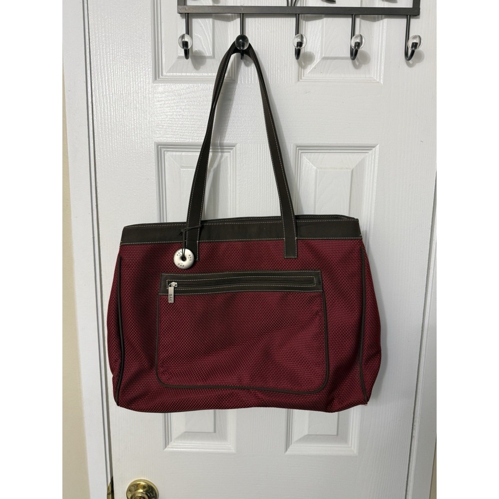 The Sak Burgundy Woven Tote Bag Large Traveler Weekender Leather Trim Purse